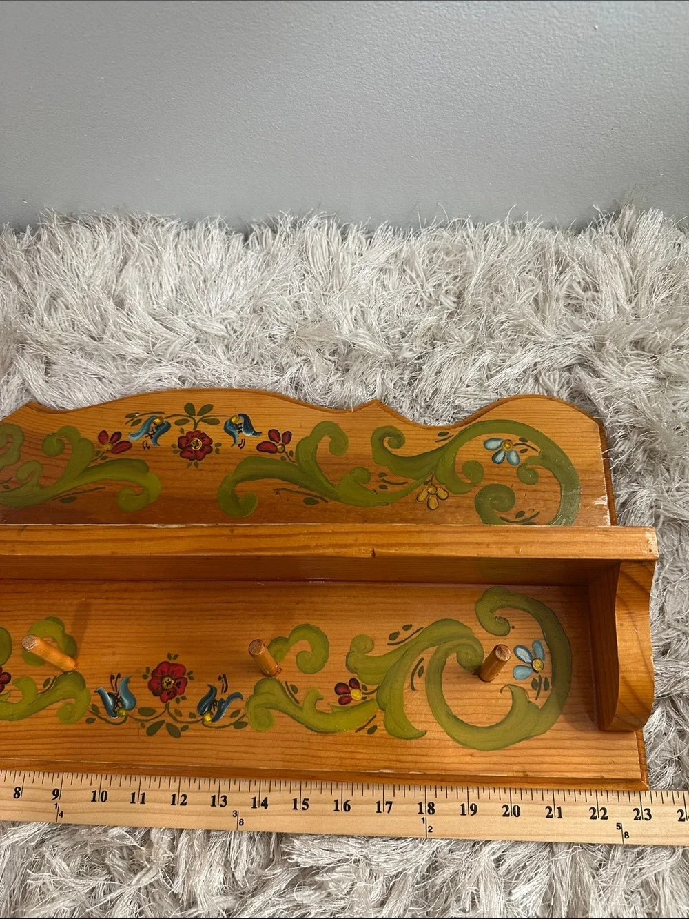 Vintage Handcrafted Wooden Folk Art Painted Shelf With Pegs Cottagecore Country